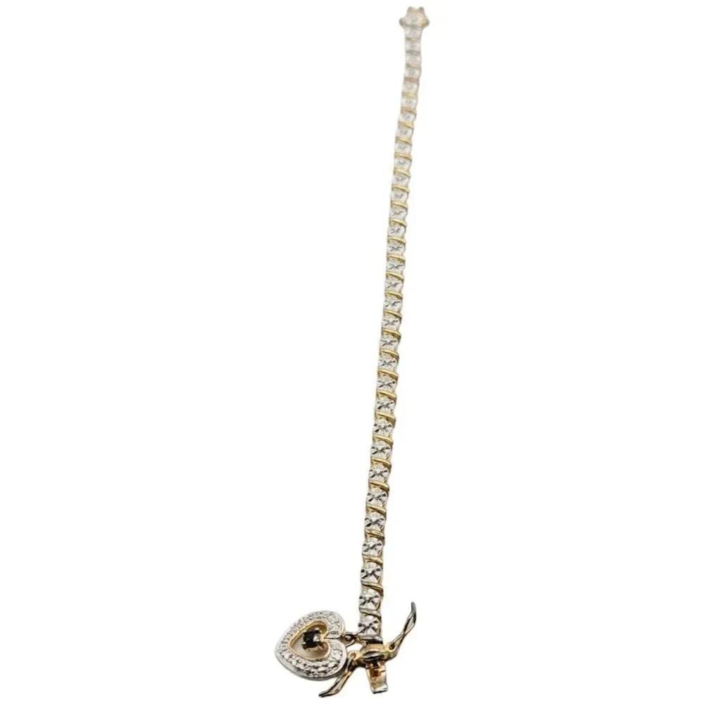 Sterling Silver Gold‎ Vermeil 925 Women’s Tennis Bracelet With Heart Charm 7